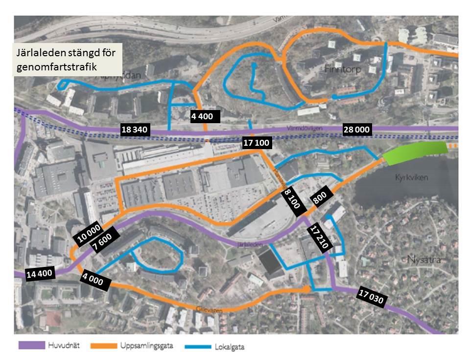 4. Järlaleden stängd för genomfartstrafik Figur 18 Järlaleden stängd för genomfartstrafik Stängs Järlaleden för genomfartstrafik kommer denna trafik att välja Värmdövägen i stället.