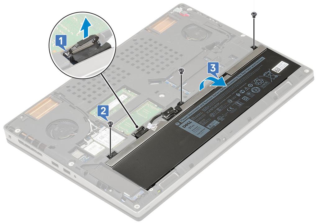 5 Ta bort 4-cells batteriet: a Koppla bort batteriet från kontakten på moderkort [1]. b Ta bort de 2 (M2.5x3.