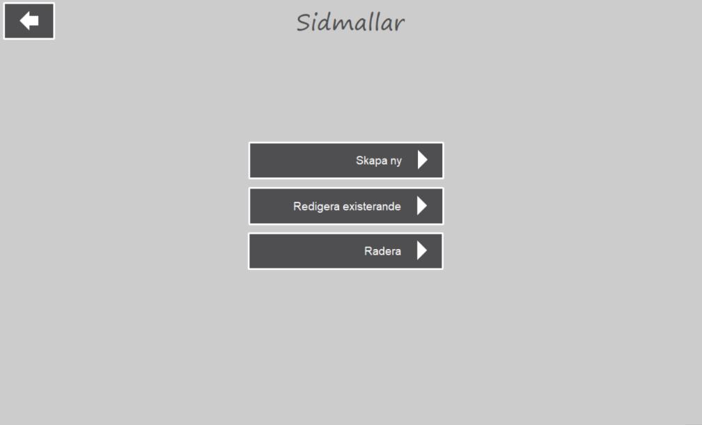 6.6 Sidmallar När man väljer Sidmallar i Huvudmenyn visas denna vy: Det finns två typer av mallar: Sidmall.