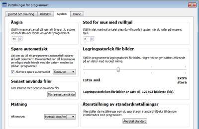 System I fliken System kan du välja hur många gånger du ska kunna välja att ångra samt ställa in stödet för mus med rullhjul, hur ofta spara automatiskt ska göras samt välja lagringsstorlek för