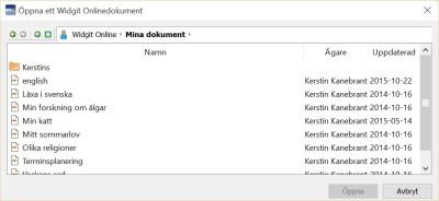 Öppna dokument från Widgit Online Om du har ett konto på Widgit Online så kan du öppna ett dokument du har sparat där och fortsätta arbeta med det i SymWriter.