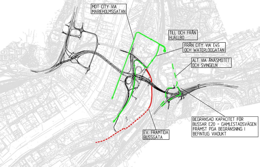 4 (7) Lv 190/E45: Hjällbo Gamlestadstorget (Svingeln) City För bussar direkt från city byggs en separerad avfart mot Walckesgatan - Waterloogatan.