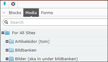 Mappstrukturen innehåller block, media och formulär.