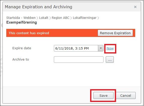 Till sist sätter man det datum och klockslag man vill att sidan ska sluta att synas och klickar på Save.