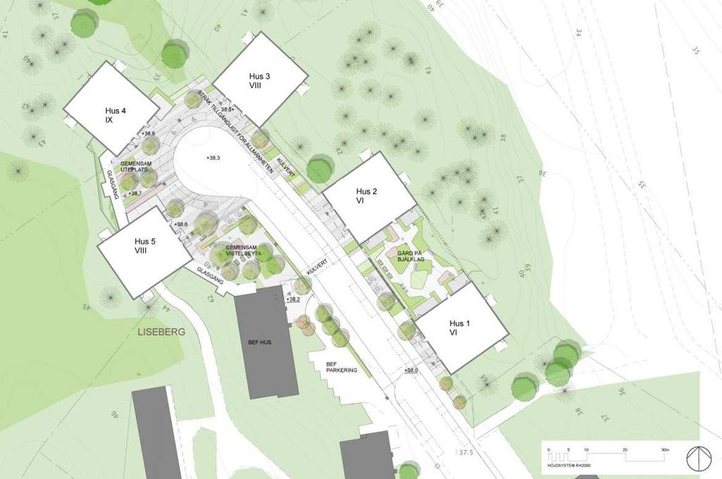 Situationsplan, som visar befintlig bebyggelse med förbindelsegångar.