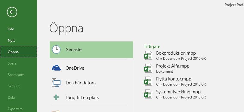 Övning 1 Skapa och spara projekt Skapa en ny projektfi l. Kontrollera att vyn Gantt-schema (Gantt Chart) är vald. Spara fi len med namnet Flytta kontor i övningsmappen.