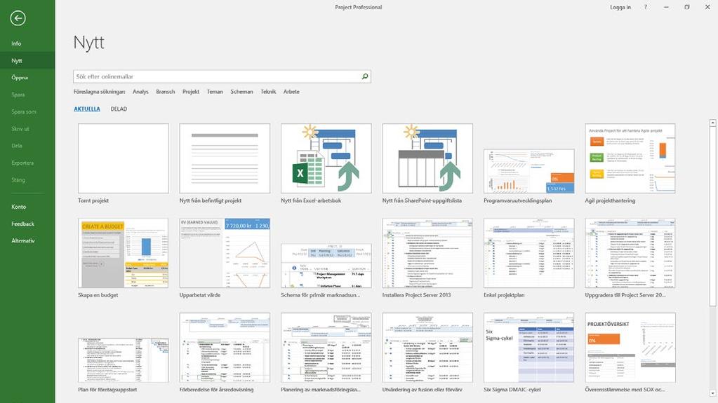 SKAPA NYTT PROJEKT När du skapar ett nytt projekt kan du välja mellan att utgå från ett tomt projekt eller ta hjälp av mallar i Project.
