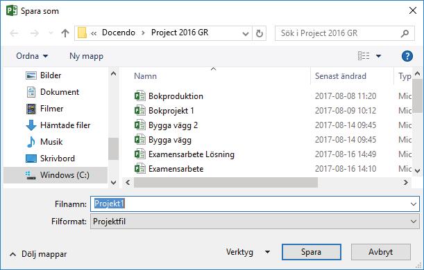 Nu visas dialogrutan Spara som (Save As). 4 Skriv önskat filnamn, som ersätter den markerade texten i rutan Filnamn (File name).