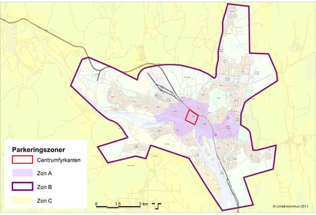 Zonindelning för verksamhetsparkering. Zon A motsvarar centrala staden, zon B motsvarar resterande del av tätorten och zon C motsvarar övriga kommunen. Parkeringsnorm för bilplatser per lägenhet.