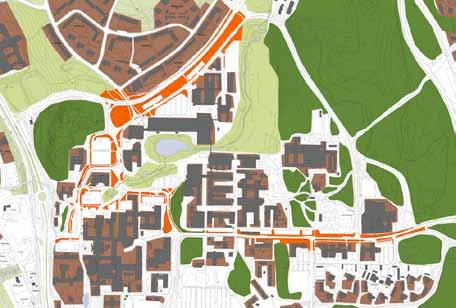 De orangefärgade ytorna är restytor mellan olika slags trafikanläggningar. Restytorna är svåra att använda och kräver skötsel för att inte växa igen. Karta: Hans Gillgren.