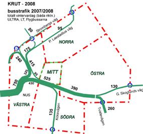 Busstrafik 2007/2008, totalt vintervardag (båda riktningarna) med ULTRA, Länstrafiken samt flygbussarna. Genomfartstrafik vid Universum, antal fordon per dygn (onsdag, 24/4 2002).