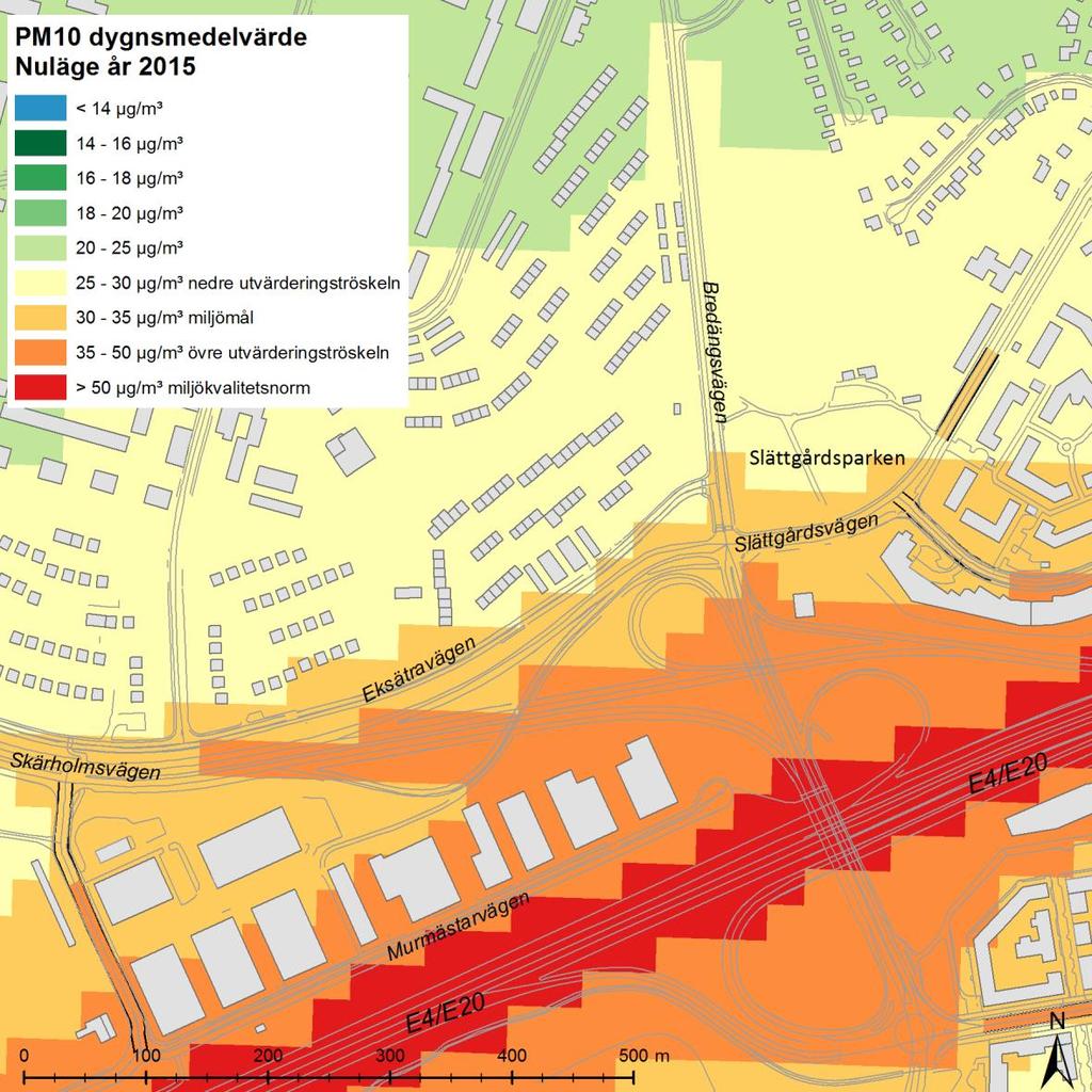 Luftföroreningshalter för nuläget Figur 5 och 6 visar beräknad halt av PM10 och NO 2 under det 36:e respektive 8:de värsta dygnet för nuläget år 2015 från Östra Sveriges Luftvårdsförbunds