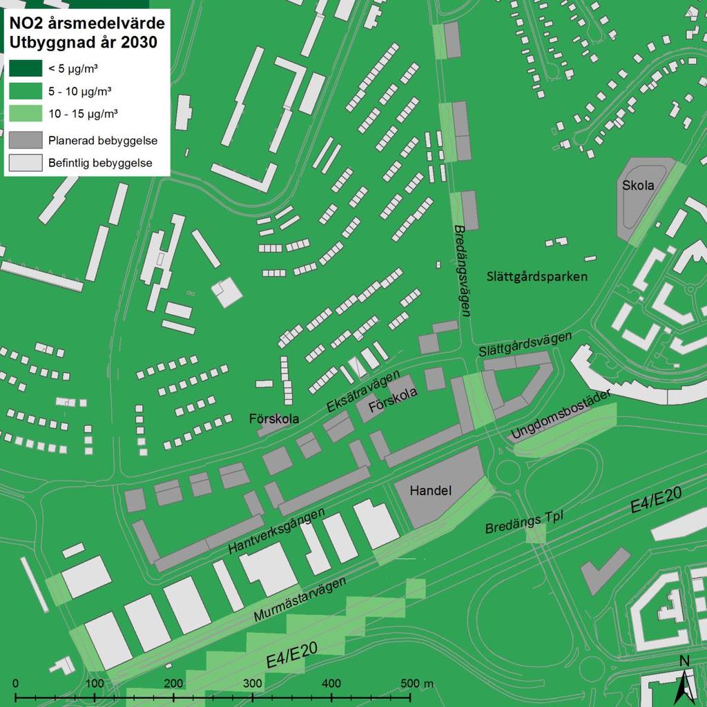 Figur 15. Beräknad årsmedelhalt av kvävedioxid, NO 2 (µg/m³) för utbyggnadsalternativet år 2030.