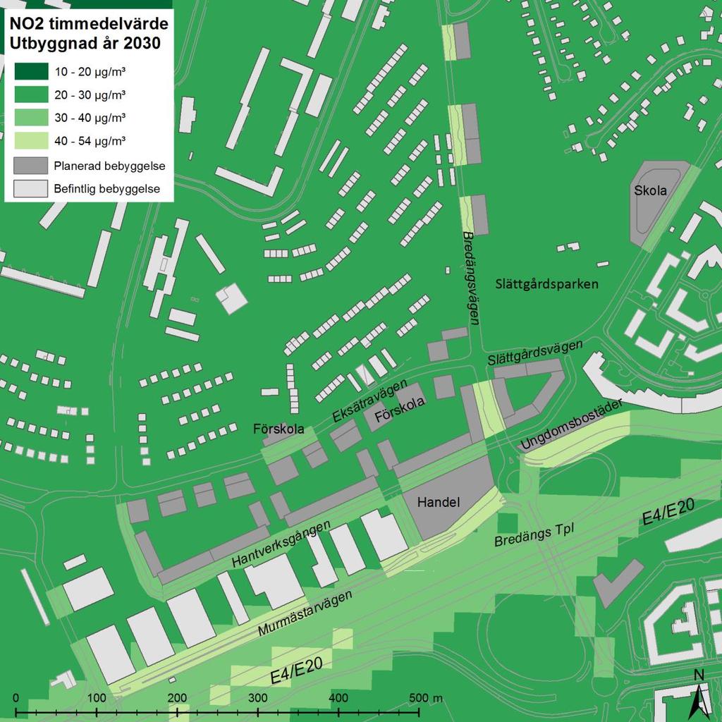 Figur 16. Beräknad timmedelhalt av kvävedioxid, NO 2 (µg/m³) under den 176:e värsta timmen för utbyggnadsalternativet år 2030.