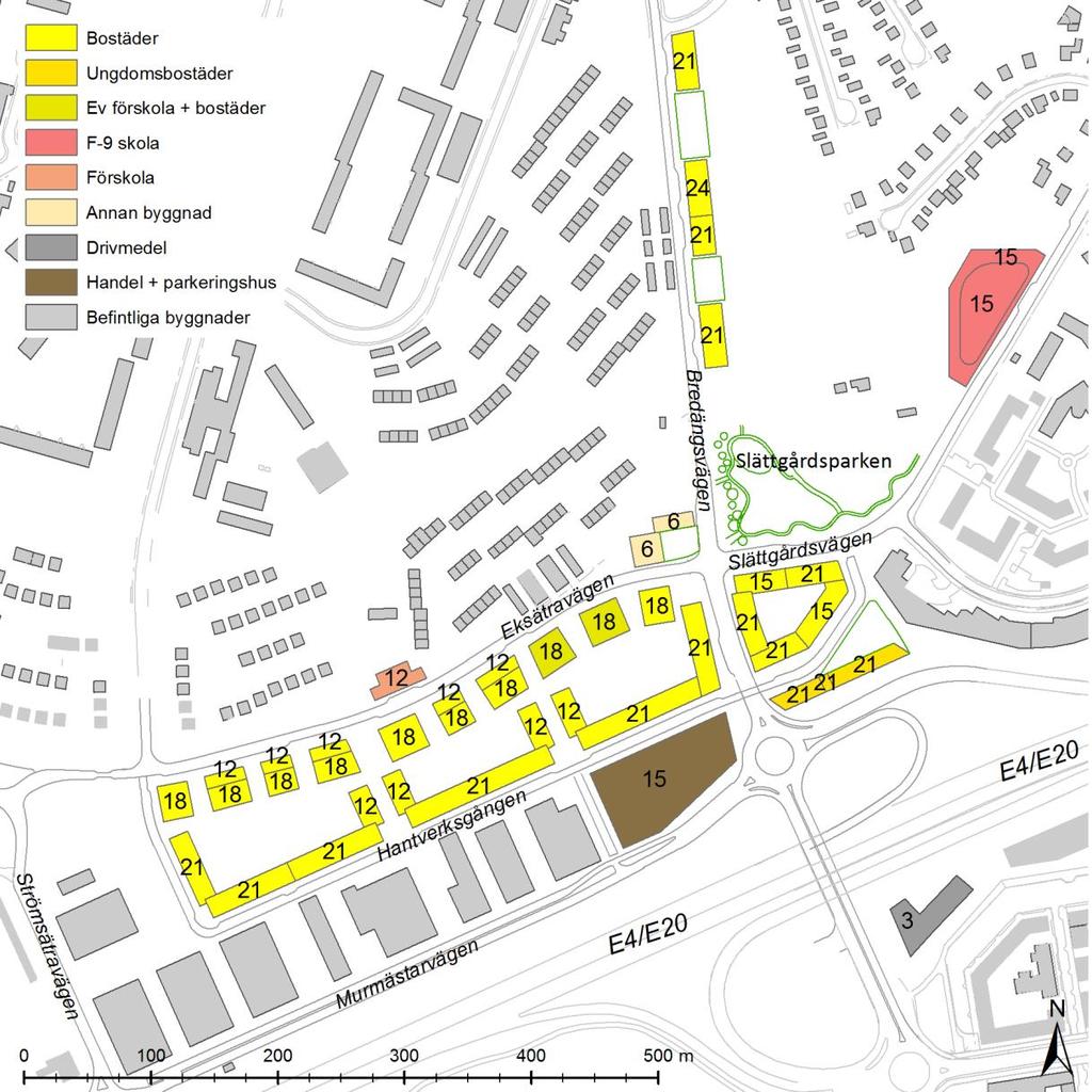 Bebyggelse Planförslaget innebär cirka 1100 bostäder i flerbostadshus om 4-6 våningar med punktvis högre bebyggelse upp till 8 våningar.