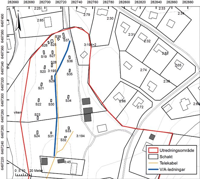 12 Bohusläns museum Rapport 2014 :30 Figur 7. Plankarta över utredningsområdet norra delar, grävda schakt. Skala 1 :1 500. Slutsats och åtgärdsförslag Utredningen genomfördes enligt plan.