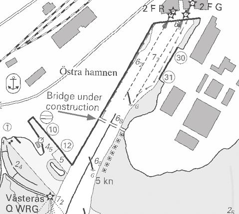 7 Nr 75 Mälaren och Södertälje kanal / Lake Mälaren and Södertälje kanal * 2725 Sjökort/Chart: 113 Sverige. Mälaren och Södertälje kanal. Västerås. Östra hamnen. Bro under uppförande.