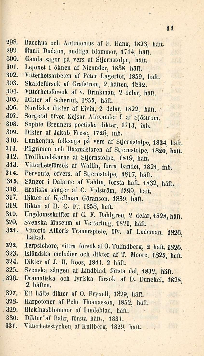 11 298. Bacchus och Antimomus af F. Hang, 1823, häft. Runii Duclaim, andliga blommor, 1714, häft. Gamla sagor på vers af Stjernstolpe, häft. I.ejonet i öknen af Nicander, 1838, häft.