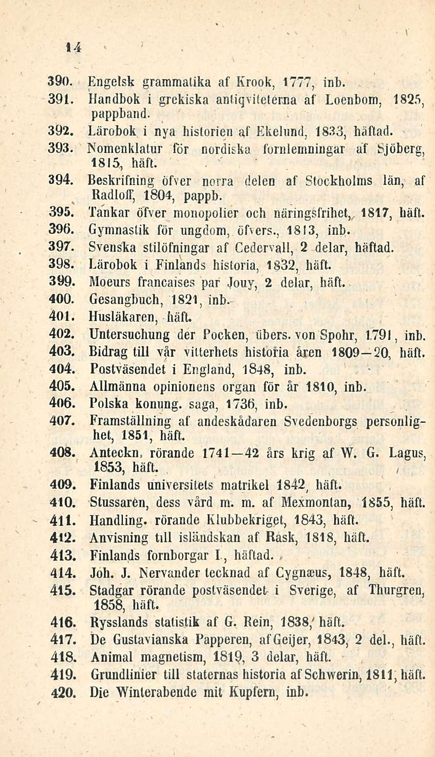 14 390. Engelsk grammalika af Krook, 1777, inb. 391. Handbok i grekiska antiqvitelerna af Loenbom, 1825, pappband. 392. 393. 394.
