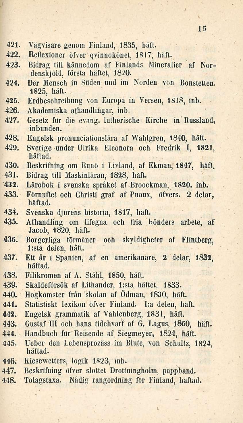 15 421. Vägvisare genom Finland, 1835, häft. 422. Reflexioner öfver qvinnokönet, 1817, häft. Bidrag tili kännedom af Mineralier 423. Finlands denskjöld, första häftet, 1820. af Nor- 424.