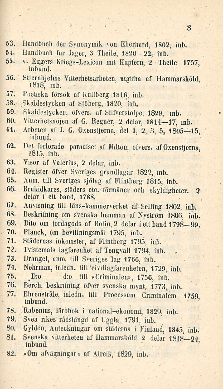 53. Handbuch der Synonymik von Eberhard, 1802, inb. 54. 55. 56. Handbuch fur Jägcr, 3 Theile, 1820-22, inb. v. Eggers Kriegs-Lexicon mit Kupfern, 2 Theile 1757, Stjernhjelms Vitterhetsarbeten, utgifna af Hammarsköld, 1818, mb.