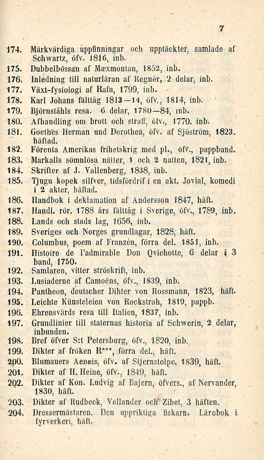 174. Märkvärdiga uppflnningar ocli upptäckter, samlade af Schwartz, öfv. 1816, inb. 175. Dubbelbössan af Maexmontan, 1852, inb. 176. Inledning tili naturläran af Hegner, 2 delar, inb. 177.