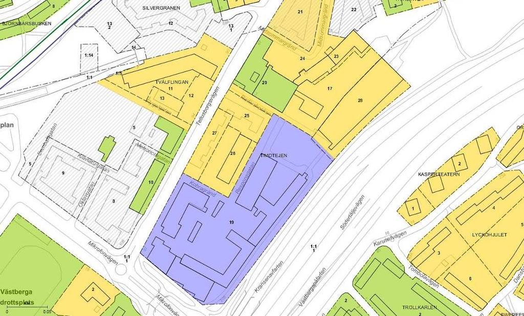 SID 9 (23) Stadsmuseets klassificering, Timotejen 17 är gulklassad, ungefärligt planområde markerat i rött.