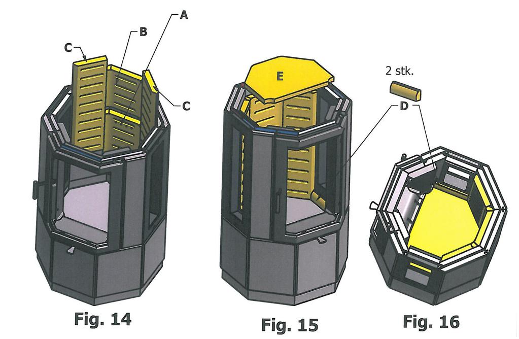 Vermikultfodring vid 2 sidoglas FIG 14 1. Montera vermikulitplatta A med sekundärlufthål ned på brännplattan, med hålen i vermikulitplattan uppåt. 2. Montera vermikulitplatta B, uppe på platta A. 3.