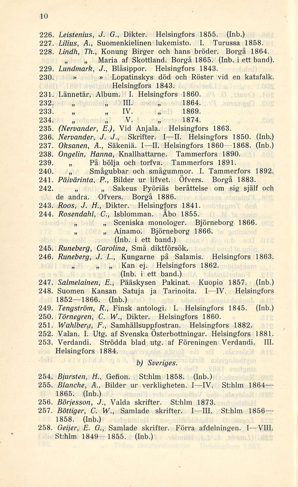10 226. Leistenius, J. G., Dikter. Helsingfors 1855. (Inb.) 227. Lilius, A., Suomenkielinen lukemisto. I. Turussa 1858. 228. Lindh, Th., Konung Birger och hans bröder. Borgå 1864. Maria af Skottland.