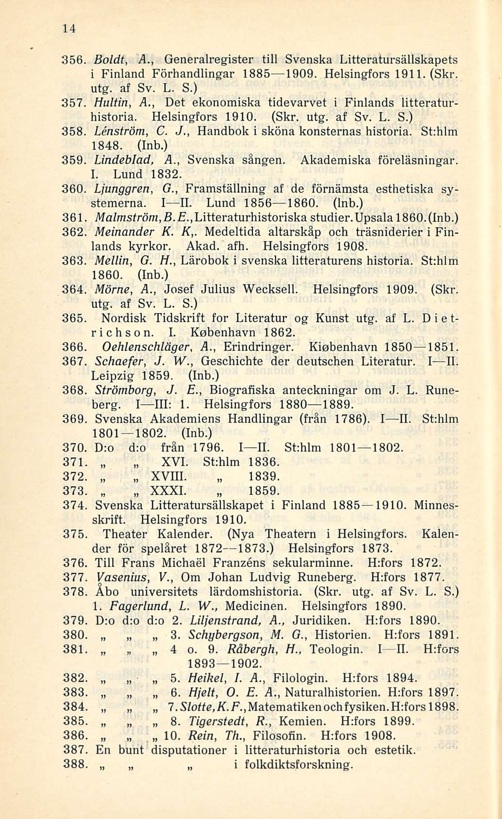 14 356. Boldt, A., Generalregister tili Svenska Litteratursällskapets i Finland Förhandlingar 1885 1909. Helsingfors 1911. (Skr. utg. af Sv. L. S.) 357. Hultin, A.