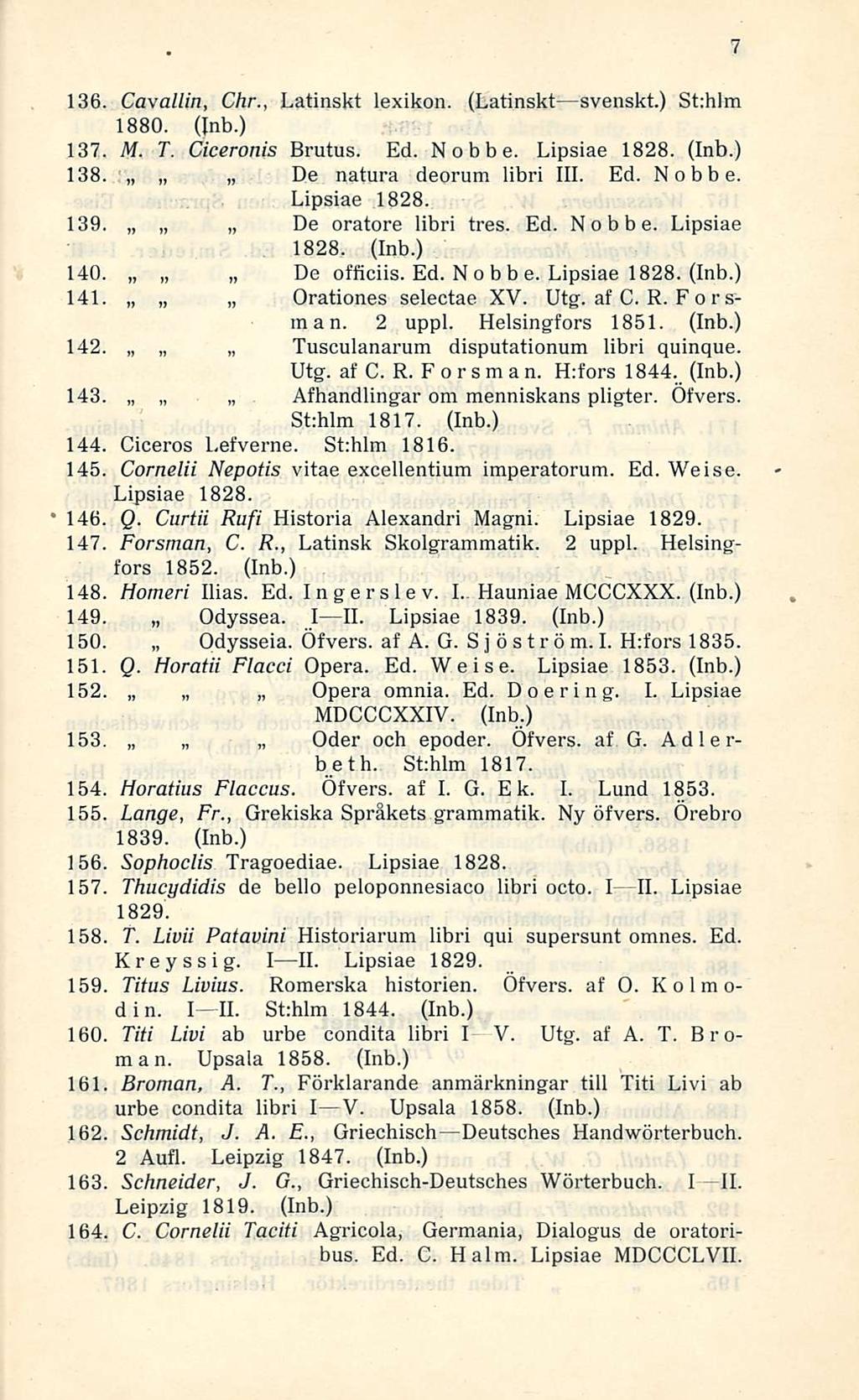 136. Cavallin, Chr., Latinskt lexikon. (Latinskt svenskt.) St:hlm 1880. (Inb.) 137. M. T. Ciceronis Brutus. Ed. Nob be. Lipsiae 1828. (Inb.) 138. De natura deorum libri 111. Ed. Nob be. Lipsiae 1828. 139.