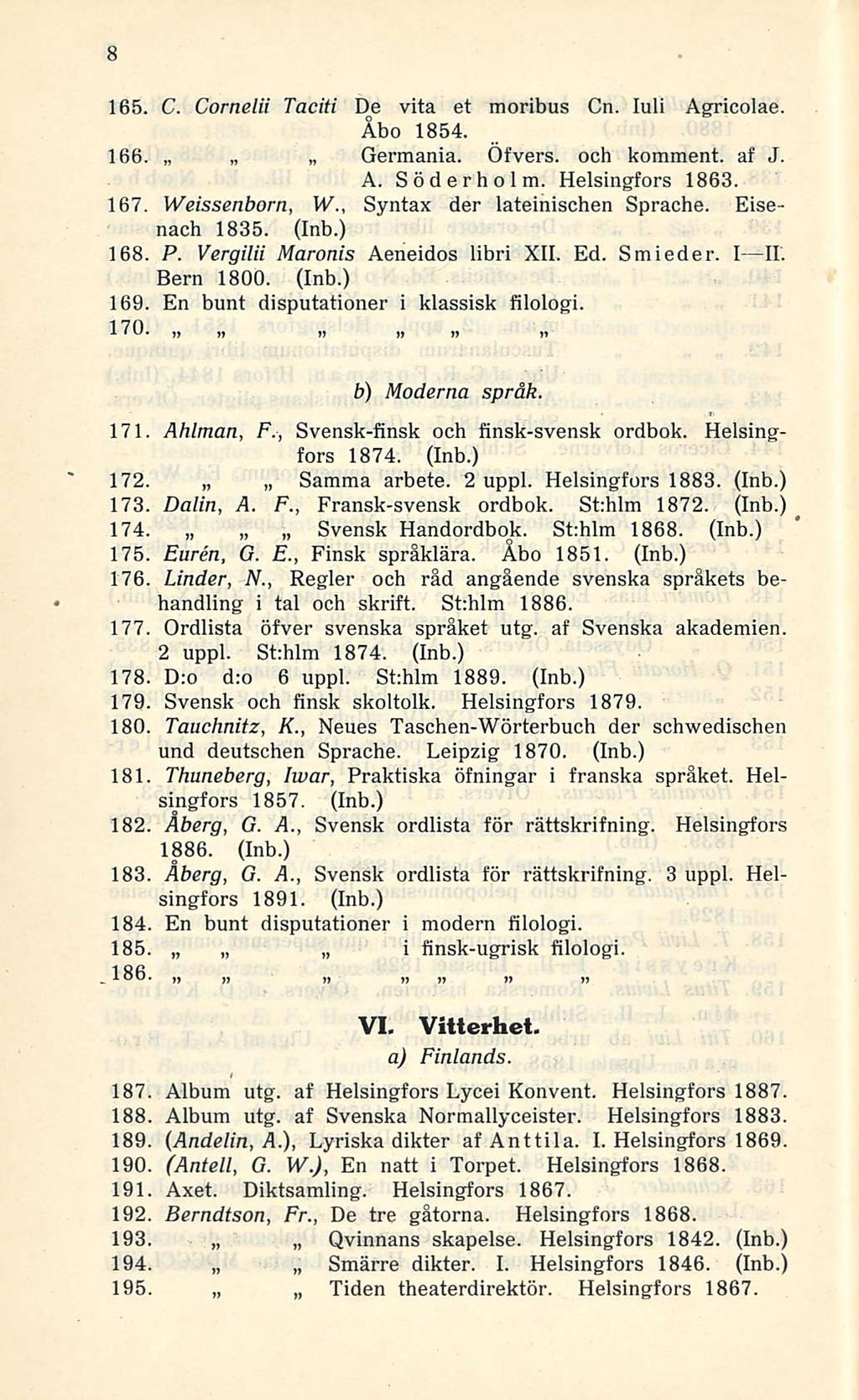 ~ ~ ~ ~ 8 165. C. Cornelii Taciti De vita et moribus Cn. luli Agricolae. Åbo 1854. 166. Germania. Öfvers. och komment. af J. A. Söderholm. Helsingfors 1863. 167. Weissenborn, W.