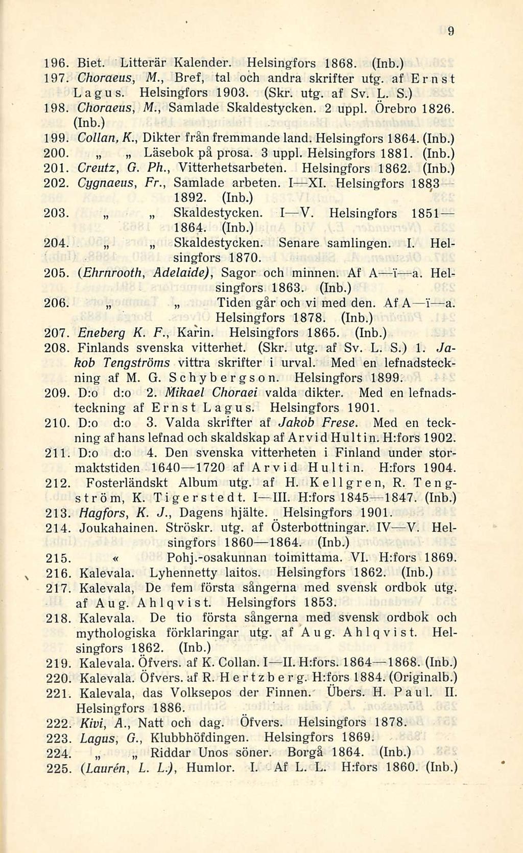 196. Biet. Litterär Kalender. Helsingfors 1868. (Inb.) 197. Choraeus, M., Bref, tai och andra skrifter utg. af Ernst Lagus. Helsingfors 1903. (Skr. utg. af Sv. L. S.) 198. Choraeus, M., Samlade Skaldestycken.