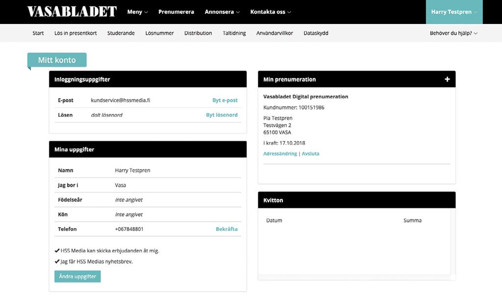 Här kan du se ditt konto och även hantera din prenumeration.