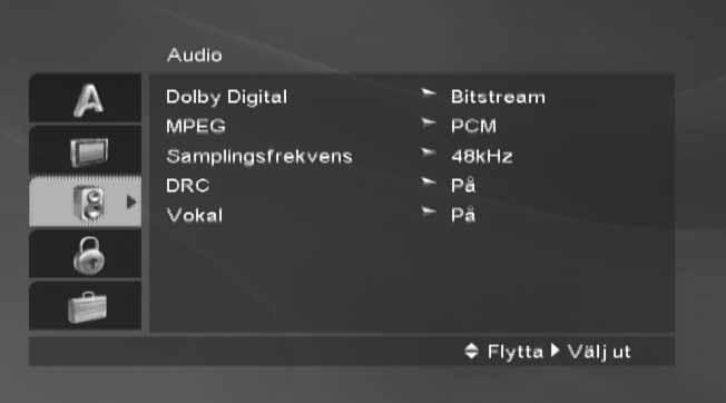Före användning (forts.) DVD-spelardelen AUDIO (ljud) Varje DVD-skiva har ett antal olika alternativ för ljudutgången.