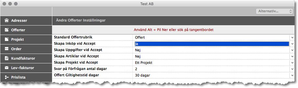 14 ADJOB 5.0 Arbetsgång Offerter 9. Gör inställningar på Offerter Inställningar > Offert > Allmänt Vissa inställningar bör göras innan du använder Förfrågan i Offerter. 1. OBS!