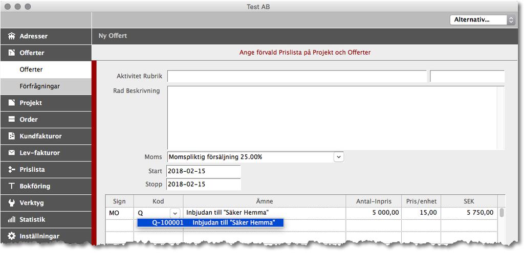 16 ADJOB 5.0 11. Skapa Offert med FLERA Förfrågningar Offert > Ny Offert Innehåller Offerten flera Förfrågningar, gör du Offerten på vanligt sätt.