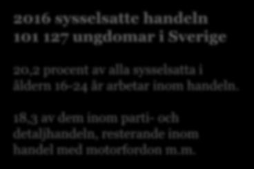 Handeln den enskilt största arbetsgivaren för unga Handel 20,2% Vård och omsorg, socialtjänst 14,8% Hotell och restauranger 9,9% Uthyrning, fastighetsservice, resetjänster och andra stödtjänster