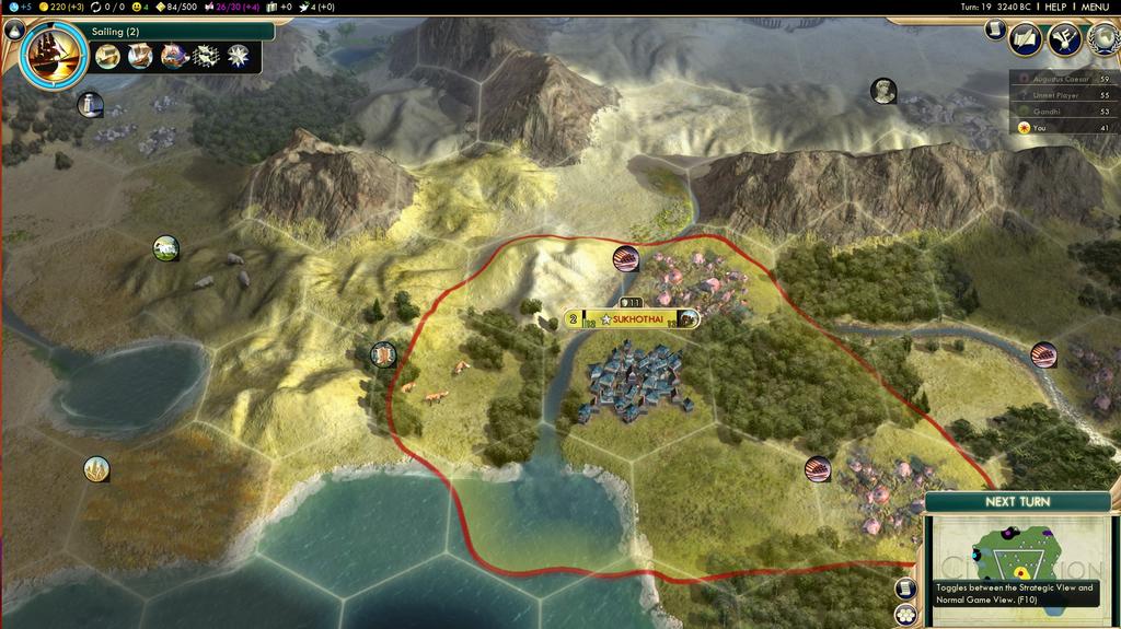 Figur 8. Civilization V. Vanlig spel vy (Firaxis Games, & 2K Games, 2010) Figur 9. Civilization V. Strategisk vy (Firaxis Games, & 2K Games, 2010) 2.4.