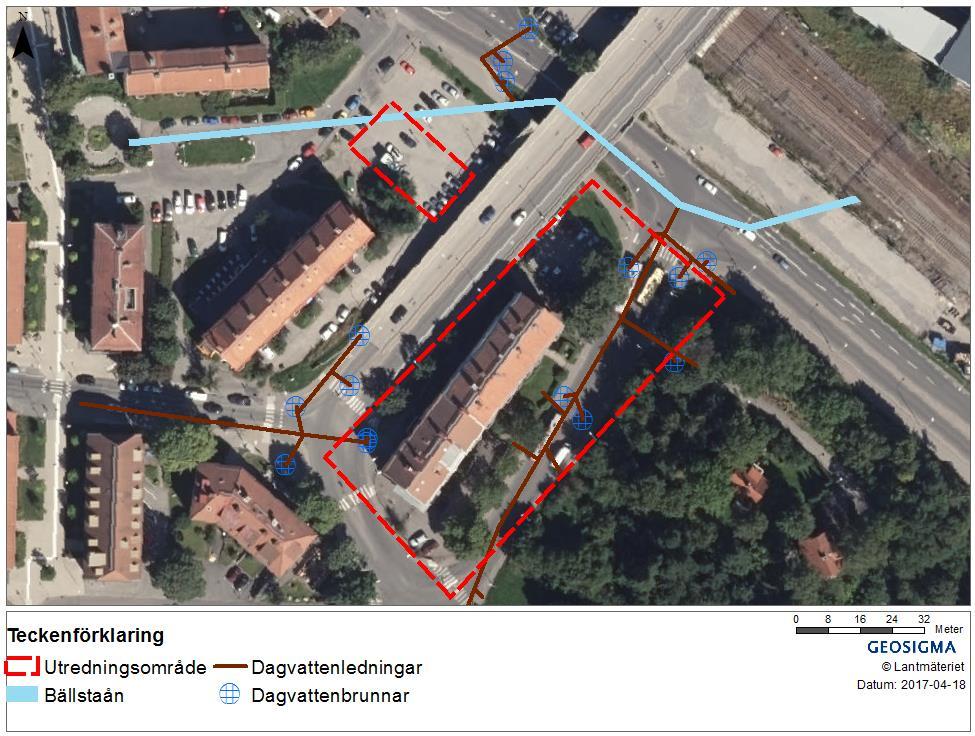 Information om det befintliga dagvattennätets dragningar har hämtats från SVOA. Alla dagvattenledningar som kan ses i Figur 3-6 leds till Bällstaån.