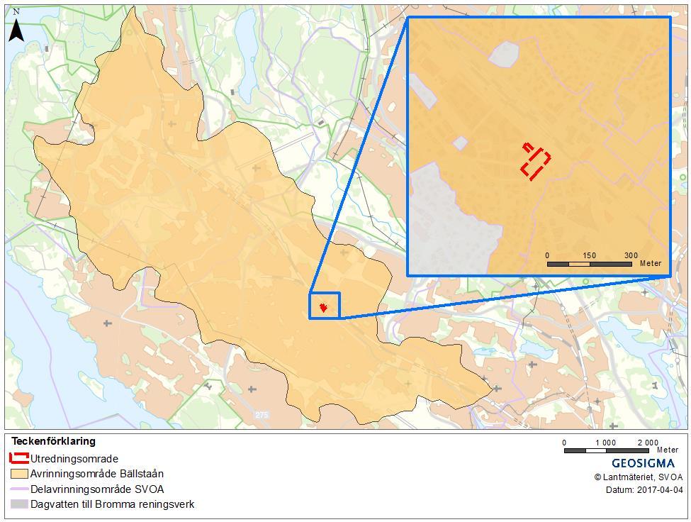 Figur 3-7. Avrinningsområdet för Bällstaån i den stora kartan. I den lilla delavrinningsområden enligt SVOA, grått går till Bromma reningsverk och orange till Bällstaån. 3.4.