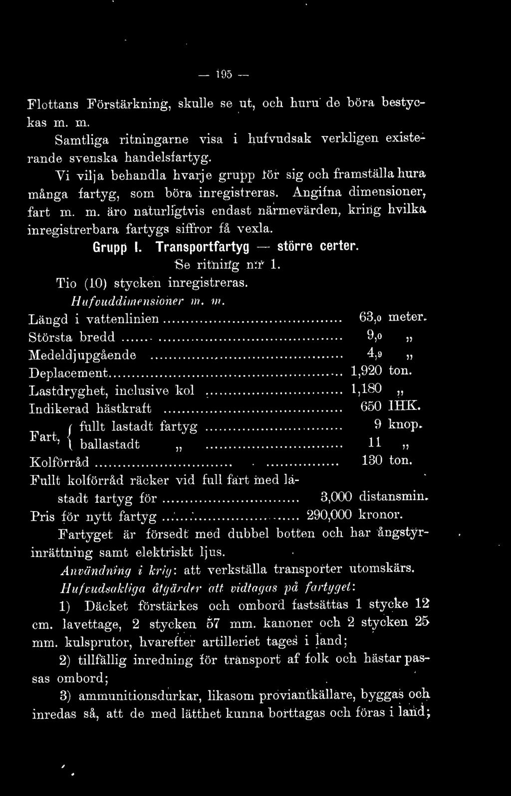 inregistrerbara fartygs siffror få vexa. Grupp. Transportfartyg - större certer. Se ritniiig n:r. Tio ( 10) stycken inregistreras. Hufvuddimt'nsioner 111. 111. Längd i vatteninien.... Största bredd.