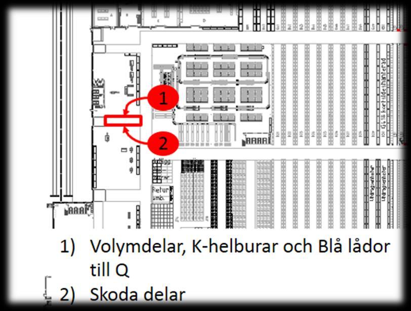 Exempel på uppmärkt bur (palltyp 902) för inlägg I hallen mellan 13 order och Car down stationen som visas i figuren nedan bokas in delar