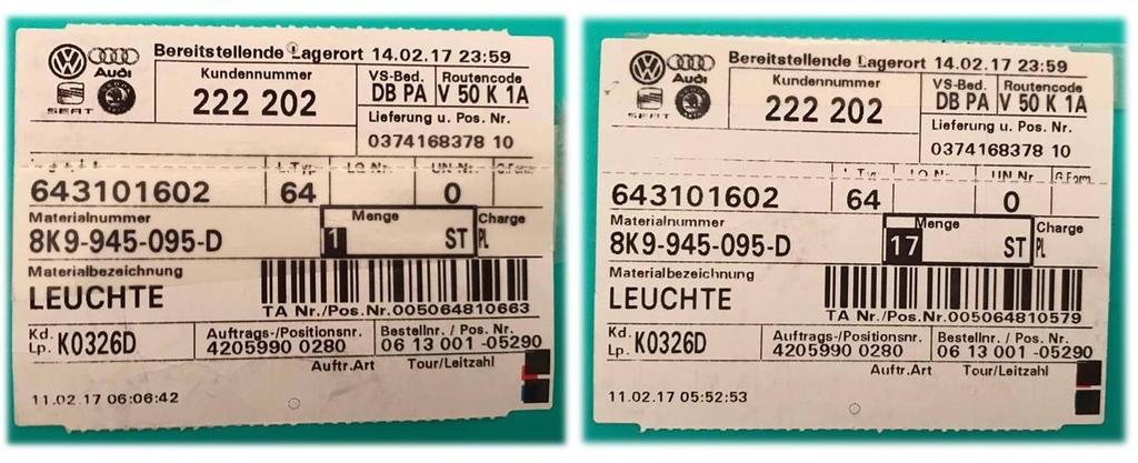 I figuren nedan visas etiketten som sitter på artikeln och här syns det att samma materialnummer skickats i två olika burar. Figur 31.