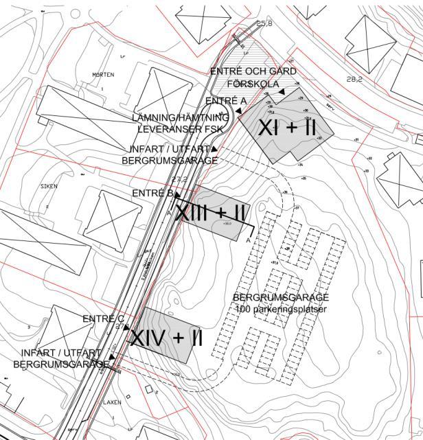 Husen planeras ligga insprängda i bergshöjden och de två understa våningarna blir souterrängplan/källarplan.