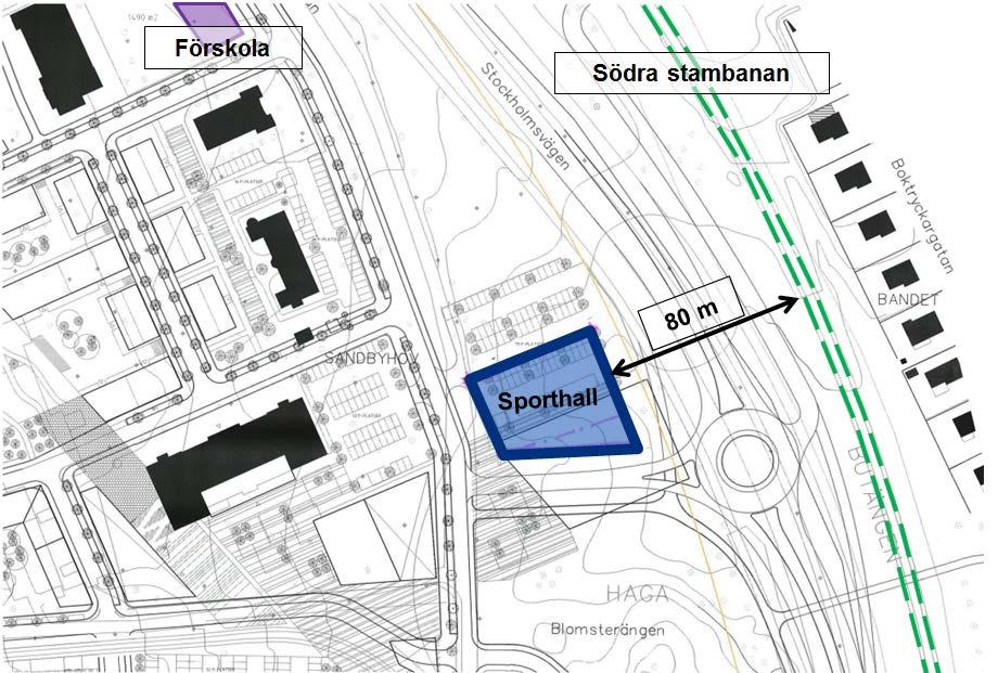 4 (9) Förutsättningar Figur 1. Översiktskarta över planområdet sydöstra del. De gröna streckade linjerna visar hur järnvägen (Södra stambanan) ligger i förhållande till planområdet och sporthallen.