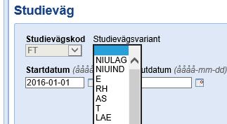 Tillgängliga studievägsvarianter 2016-09-07 Studievägsvariant Ansvar i elevdatabas/elevregister Kan kombineras med studieväg Leder till nytt pris Priskod