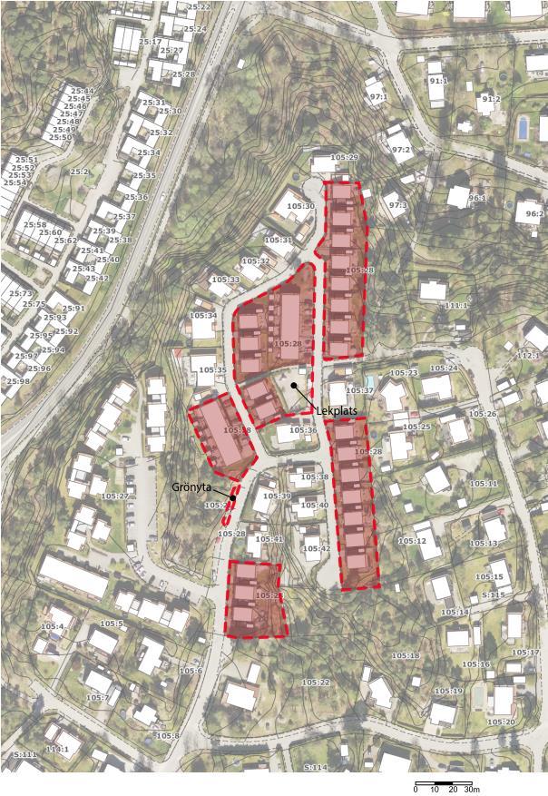 2 (5) Läge, areal och markägoförhållanden Planområdet är beläget på ömse sidor om gatan Blåbärsslingan i bostadsområdet Hedvigslund i Älta. Området ligger omkring 300 meter från Älta centrum.