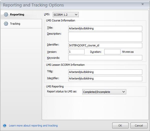 Reporting and Tracking Options/ Reporting LMS Lesson SCORM Information Title och Identifier här ska ha samma värde = kursens titel.