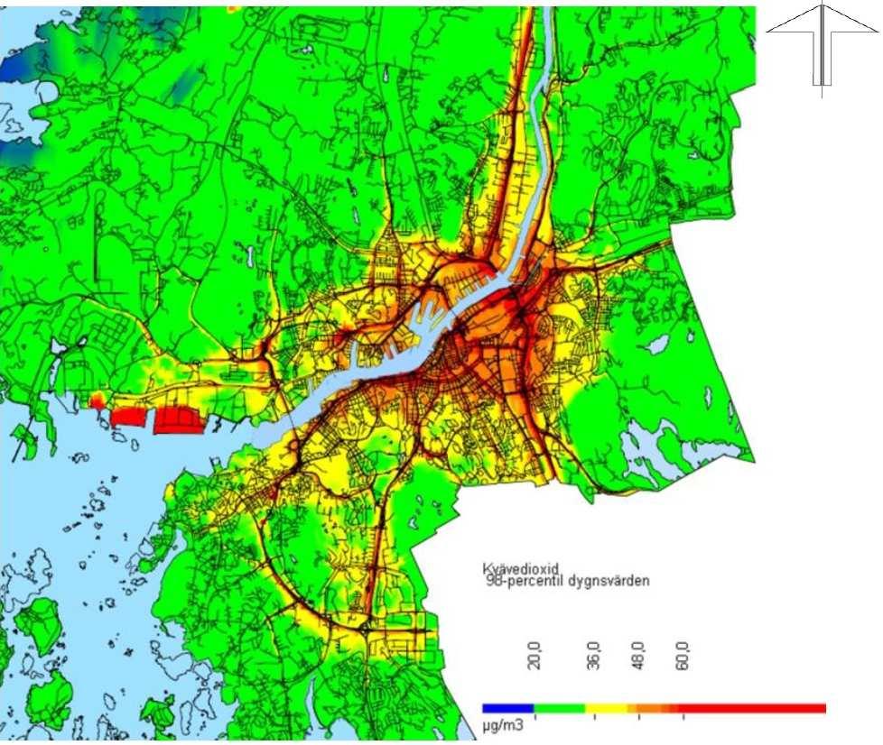Spridningsberäkning från Miljöförvaltningen i Göteborgs stad med dygnsmedelvärdet för kvävedioxid år 2011. Från järnvägsplan.